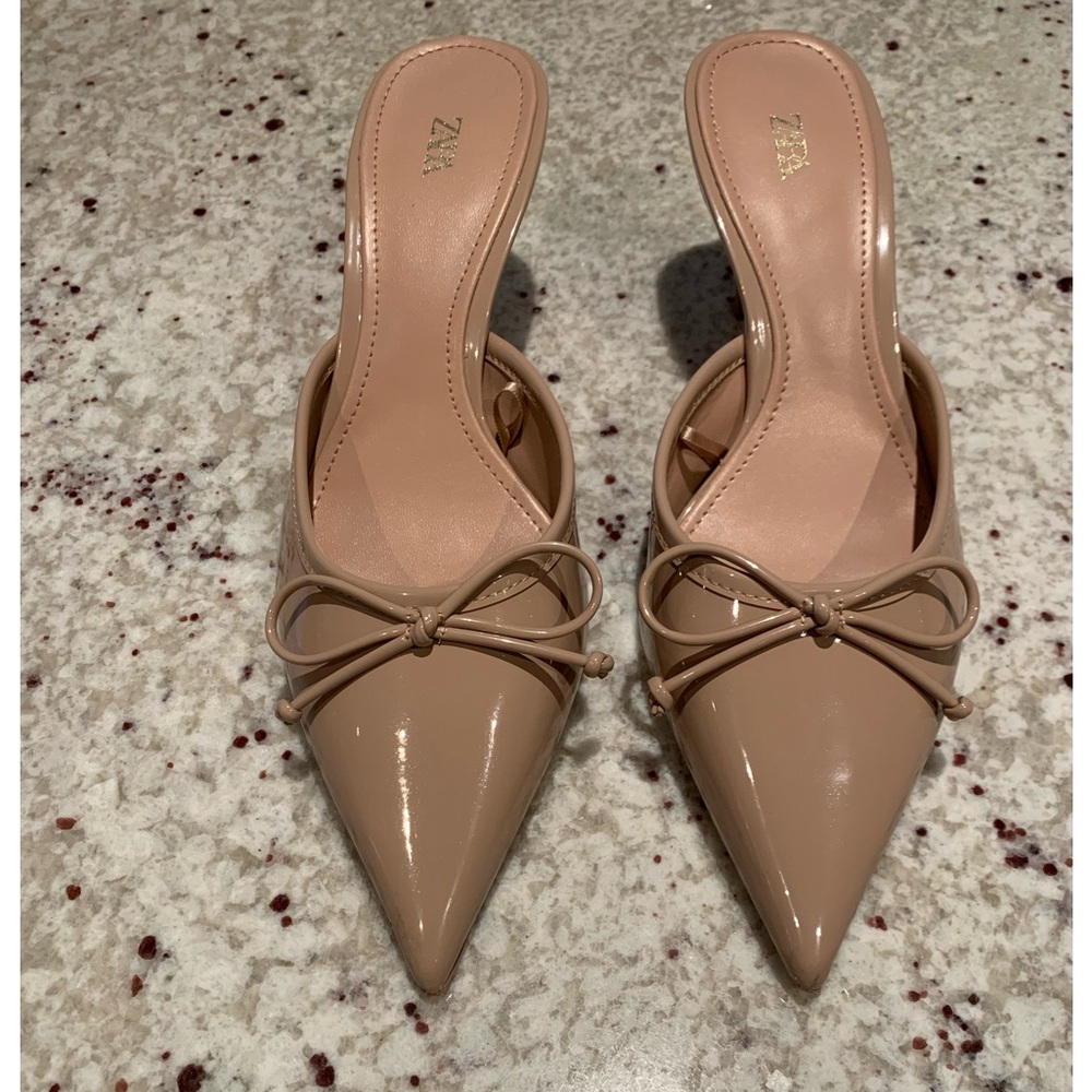 Zara Patent Nude Heeled Mules Size 38